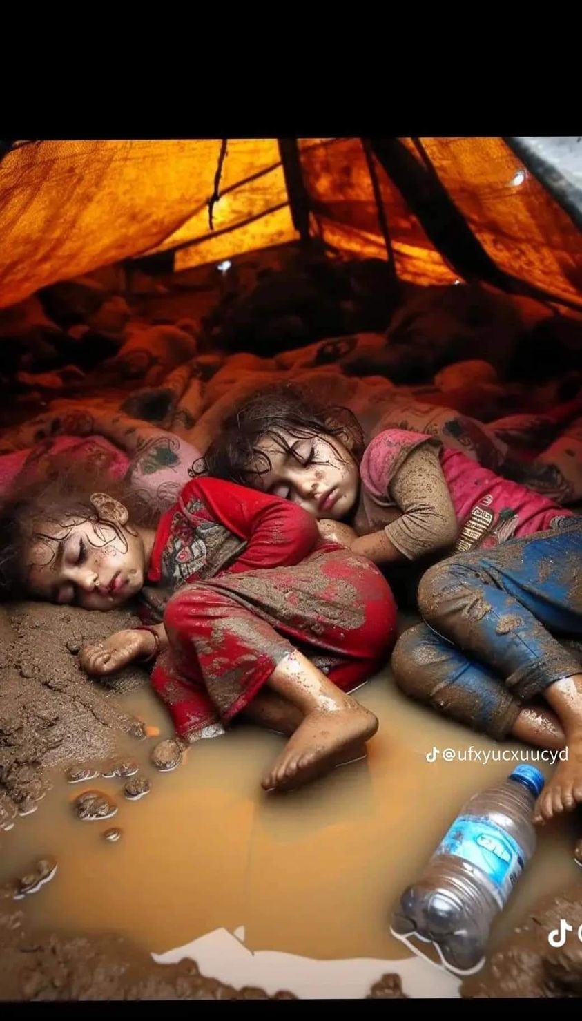 #1 a phot of Palestinian babies sleeping in mud, in Gaza